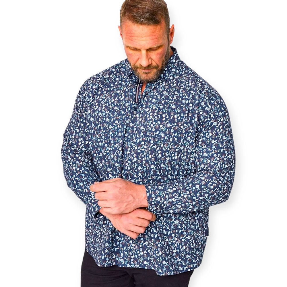 KOLTE Blue Floral Stretch Cotton Button-Down Long Sleeve Shirt